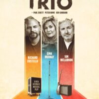 The artwork for 'Trio' by Paul Sirett, Peter Rowe and Ben Goddard. The image shows three paint stripes, the left is orange, middle is blue and right is red. The stripes move away from us and then up as if going along the floor and then up a wall. Each colour blends into the headshot of one of the three actors in the show. From left to right they are Richard Costello, Gina Murray and Ian McLarnon. Below the headshots are a microphone, guitar and amp and a flight case reading 'a new intimate musical play.' Booking details are at the bottom of the image, outlining the dates (Fri 7 to Sat 15 Oct) and that captioning and livestreaming options are available.